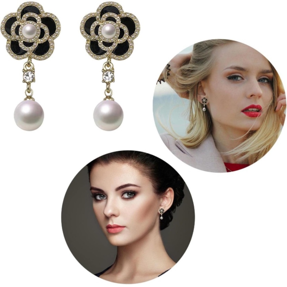 NWT Designer Black & White Flower Camellia Pearl Drop Earrings - Picture 5 of 6